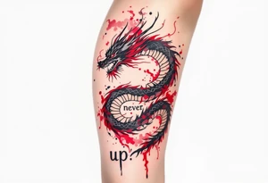 "Never give up" wrapped in the coils of a black and deep red dragon, representing power and perseverance. tattoo idea