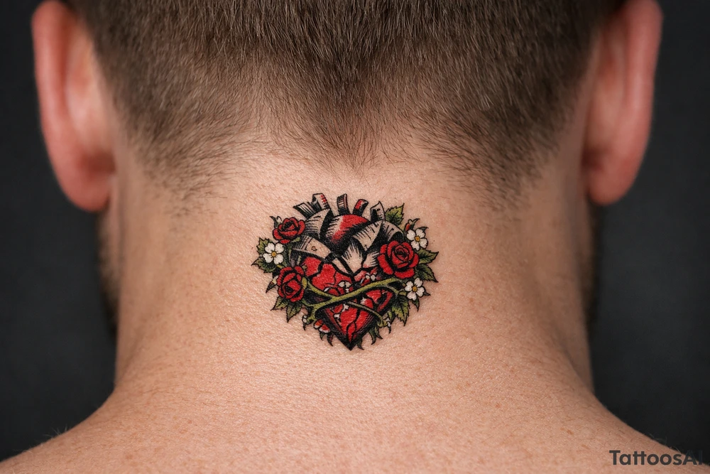 Anatomical heart broken beyond repair entwined by blooming vines, full chest piece. tattoo idea