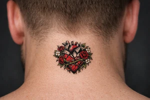 Anatomical heart broken beyond repair entwined by blooming vines, full chest piece. tattoo idea