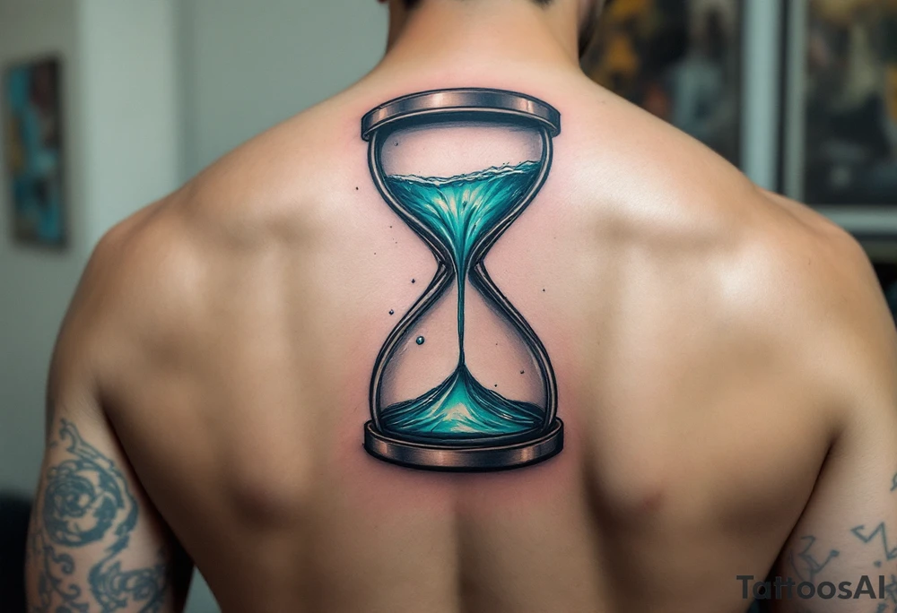 A waterfall flowing from an hourglass, with shimmering teal and silver water cascading into the unknown. tattoo idea