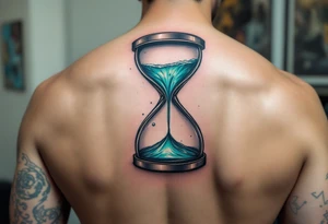 A waterfall flowing from an hourglass, with shimmering teal and silver water cascading into the unknown. tattoo idea