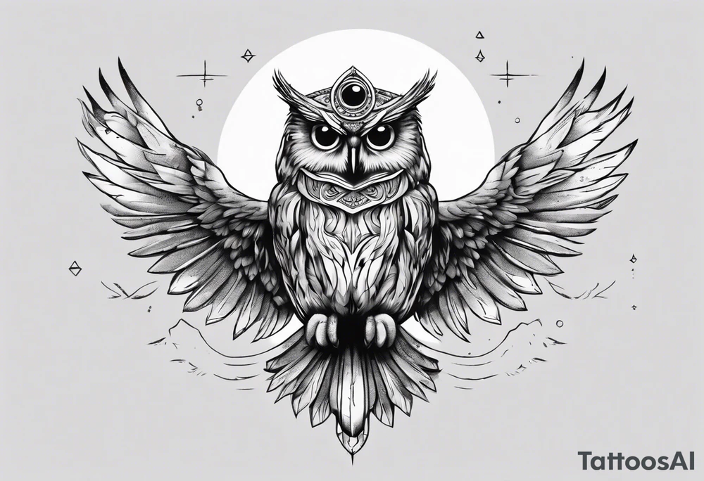 Wise Crowned Owl with the third eye flying towards the Dark Moon. Shoulder tattoo idea