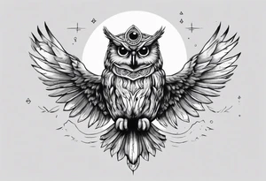 Wise Crowned Owl with the third eye flying towards the Dark Moon. Shoulder tattoo idea