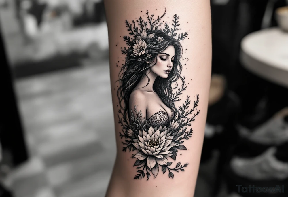 ethereal mermaid with flowing hair among coral and sea flowers tattoo idea
