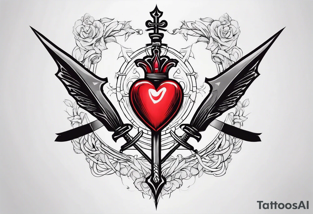 sacred heart with 3 swords instead of a cross. In front of a seraphim. tattoo idea