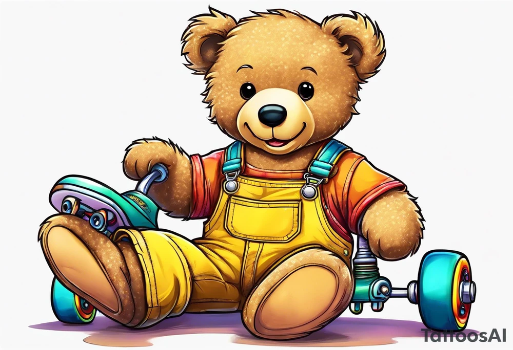A light brown teddy bear in yellow overalls and rainbow colored roller skates tattoo idea