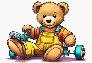 A light brown teddy bear in yellow overalls and rainbow colored roller skates tattoo idea