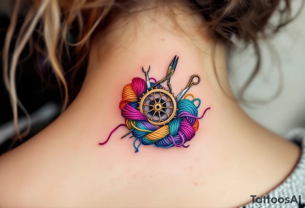 A tiny spinning wheel surrounded by crochet hooks and scissors, with bright rainbow-colored yarn wrapping around it. tattoo idea