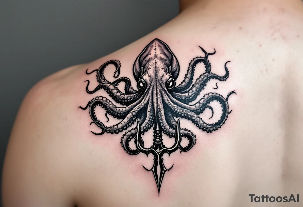 giant squid around a trident tattoo idea