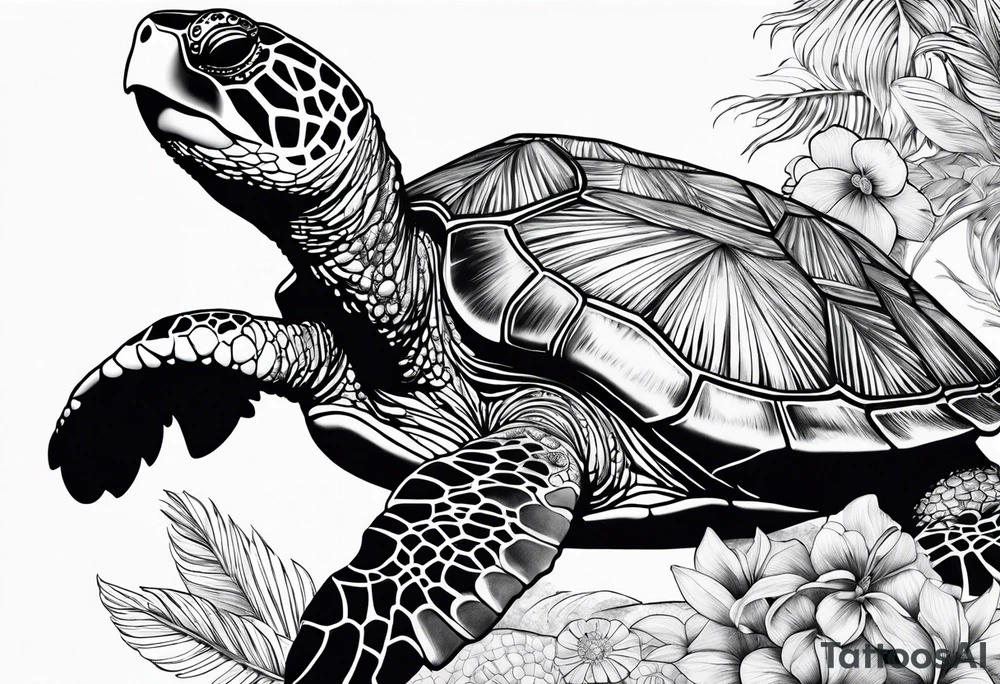 wave, turtle, flower, palm tattoo idea