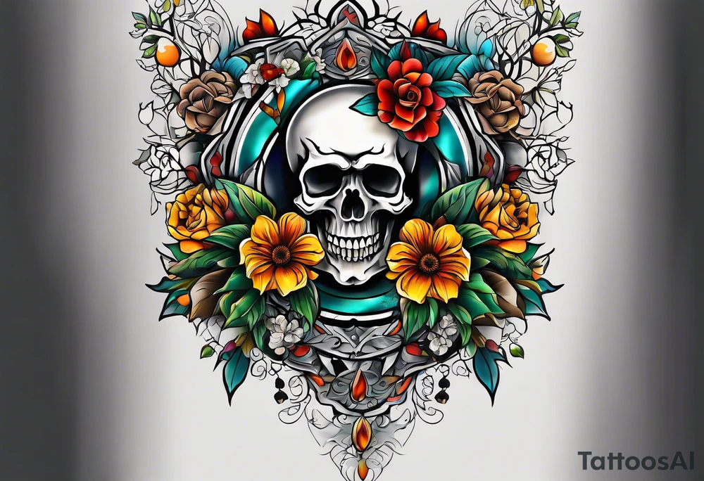 Old school center Knee tattoo with skulls, various flowers, water and fall colors tattoo idea