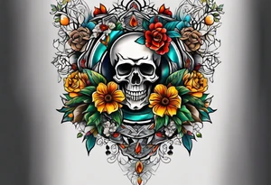 Old school center Knee tattoo with skulls, various flowers, water and fall colors tattoo idea