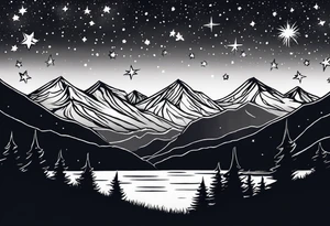 Lighter shaded night sky with stars.  Night sky fading at edges 

Mountains 

Trees with snow on them tattoo idea