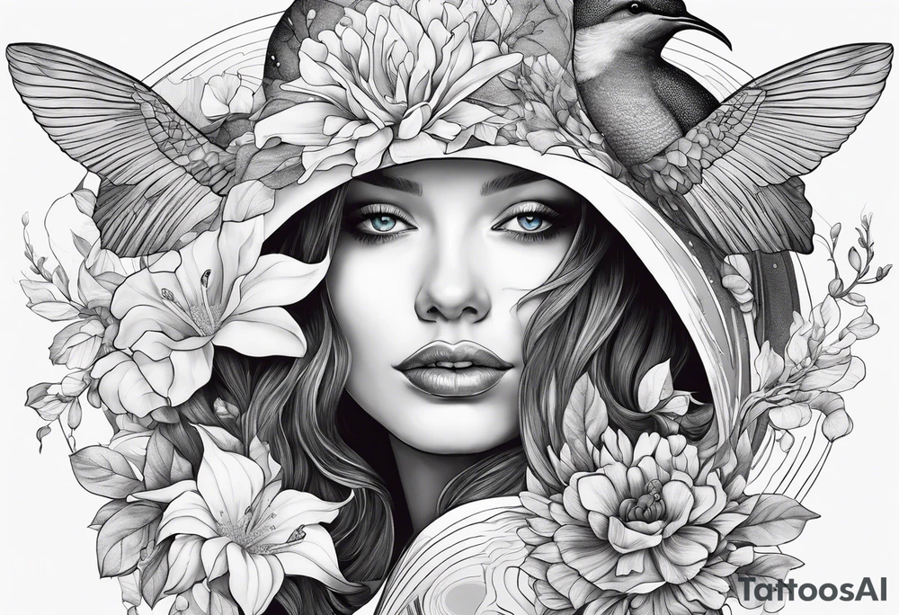 Surrealism, blue whale, hummingbird, gray lady face, flowers, bold color, collage tattoo idea
