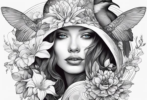 Surrealism, blue whale, hummingbird, gray lady face, flowers, bold color, collage tattoo idea
