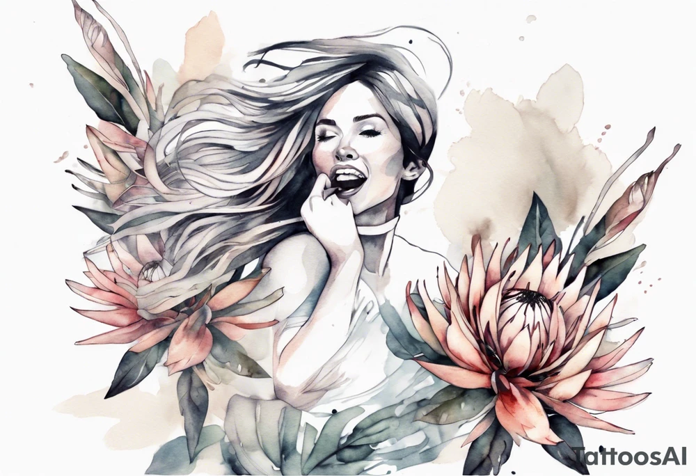 Very feminine tattoo with a woman dancing in a wind of protea flowers tattoo idea