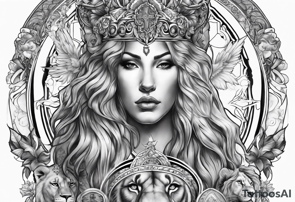 Full sleeve with Lion, cross, praying hands, Scarlett, Faith, angels gods tattoo idea