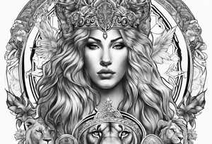 Full sleeve with Lion, cross, praying hands, Scarlett, Faith, angels gods tattoo idea
