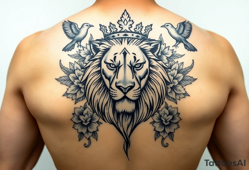 powerful majestic lion with a crown, surrounded by floral ornaments and birds tattoo idea