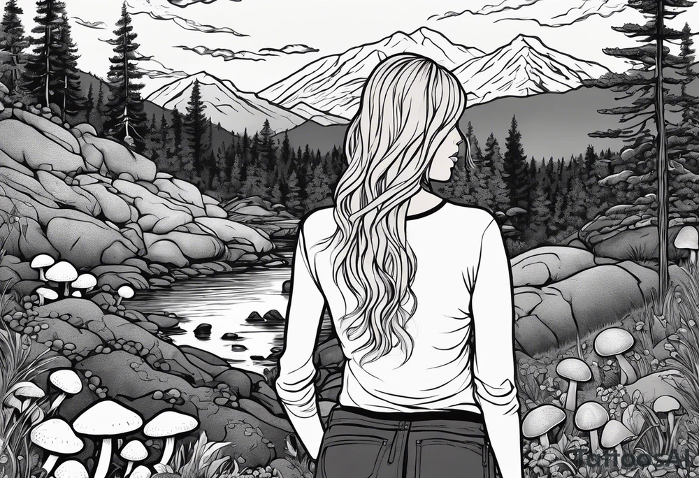 Whole picture encircled fully

Straight long blonde hair hippie girl in distance holding mushrooms in hand facing away toward mountains and creek surrounded by mushrooms long sleeve shirt and hiking pants; whole rendering within a full circle, no cut off circle tattoo idea