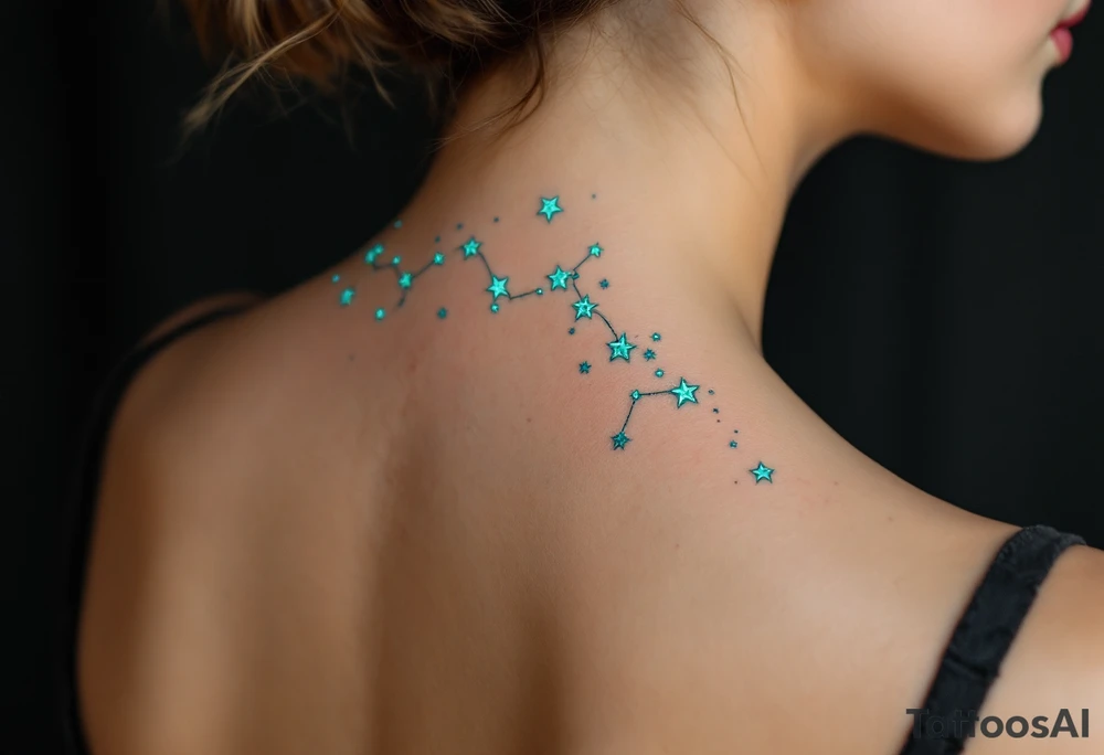 The Pisces constellation is dotted with tiny aquamarine stars that flow like water along the spine. tattoo idea