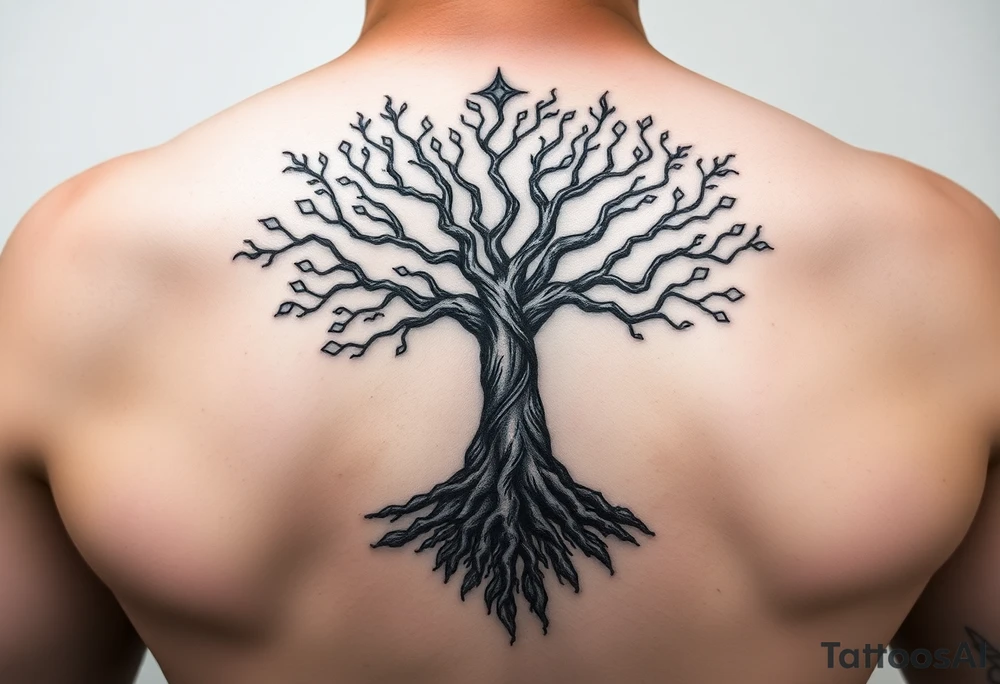mystical tree of life with cosmic roots and celestial branches tattoo idea