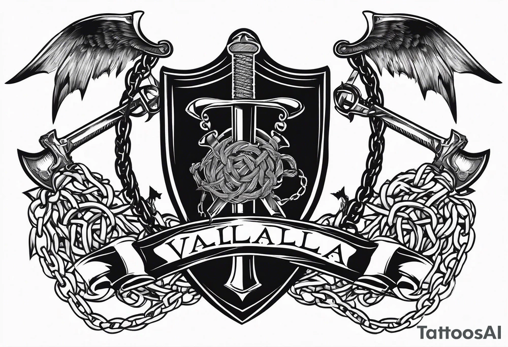 Valhalla sword shield axe barbed wire chains dark cloud tattoo idea