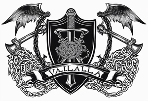 Valhalla sword shield axe barbed wire chains dark cloud tattoo idea