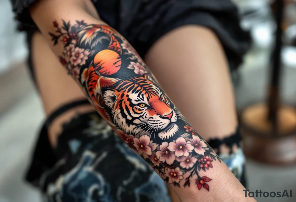 Full arm sleeve, one koi fish, one tiger, the sun, cherry blossom filler, beautiful tattoo idea