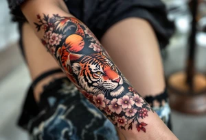 Full arm sleeve, one koi fish, one tiger, the sun, cherry blossom filler, beautiful tattoo idea