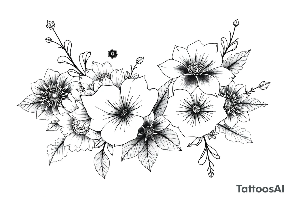 floral composition for sleeve with japanese vibe, mutiple ornemental patern and leaf, dot geometric ornement, lycoris tattoo idea