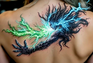 Thor’s epic battle against Hela, green energy clashing with his blue lightning, in a cinematic full-color piece. tattoo idea