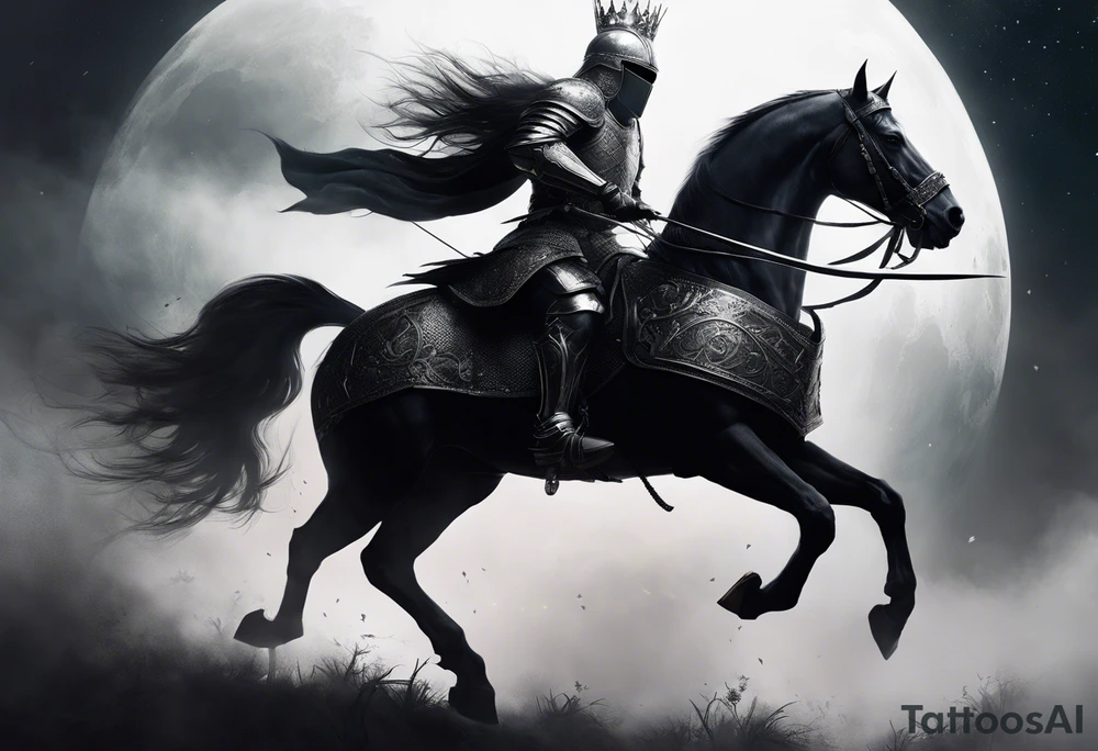 Dark art of the first horseman of the apocalypse. Wearing iron armor with a crown-shaped helmet, carrying a bow and arrows in one hand, he rides a white horse that is strong and slender, wearing shiny ornaments on his face. The horseman's face cannot be seen, as it is obscured by the darkness and fog in the image. tattoo idea
