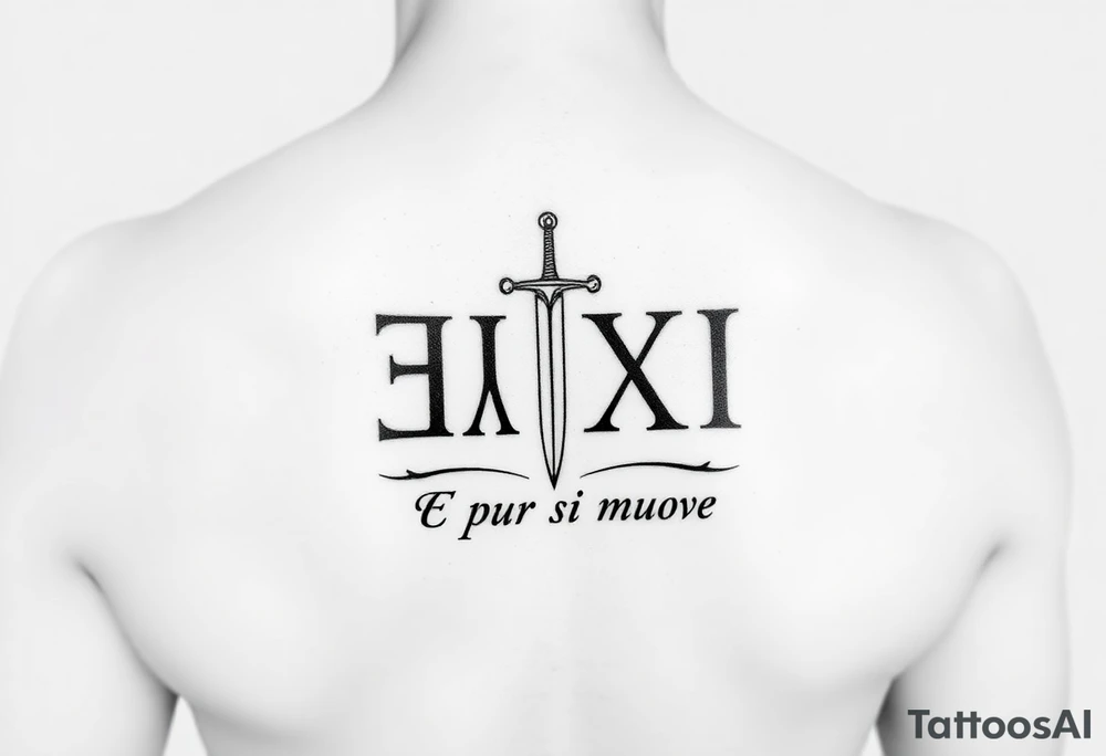 Minimalist Emblem

Combine the Roman numerals III·IX·XCI in an almost runic, minimalist stacked style.
Behind or through it, place a fine-lined sword/dagger, or a subtle cross, integrated into the numbers.
"E pur si muove" could run beneath like a foundation line, or curve around the emblem like a banner.
Think clean, bold but understated. tattoo idea