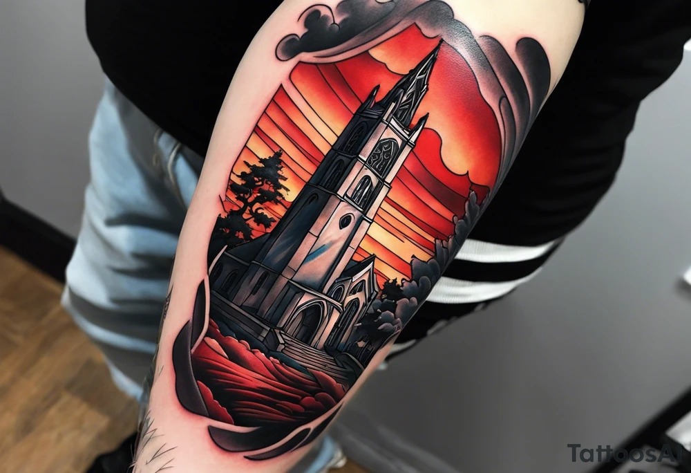 Full arm sleeve with multiple elements blended together. I want the Duke university chapel , cherry tree elements , red clouds from akatski , naruto or sauske , Atl skyline and captain C add in a ease fan photo of naruto tattoo idea