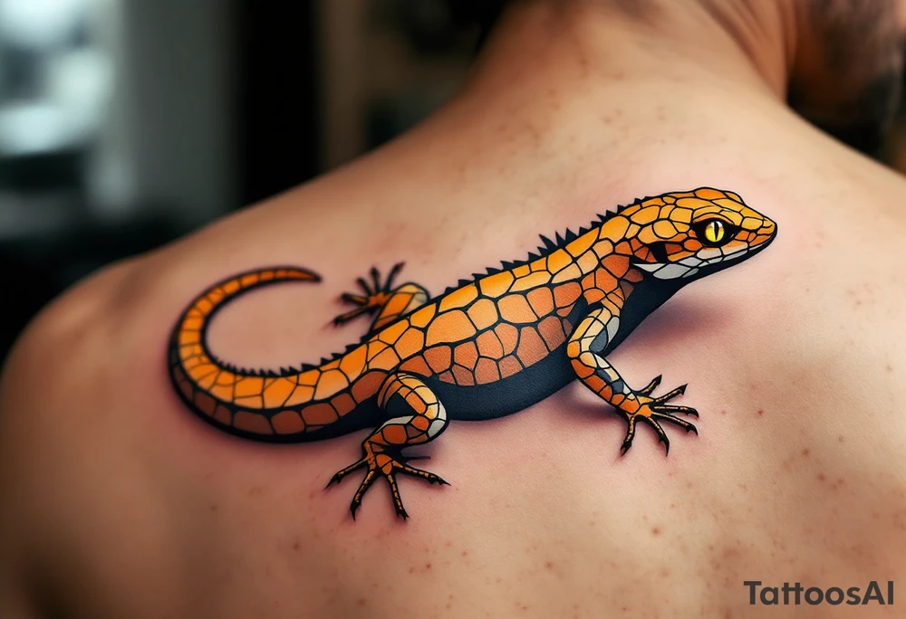 Tribal desert lizard with cracked earth texture – A sleek, agile lizard in motion, designed with tribal curves and sharp angles along its spine. Its skin mimics the pattern of sunbaked, cracked earth, blending tones of burnt orange, dusty brown, and charcoal black. The tail coils elegantly, forming a spiral, while the eyes gleam in golden yellow, symbolizing survival, transformation, and primal instincts. tattoo idea