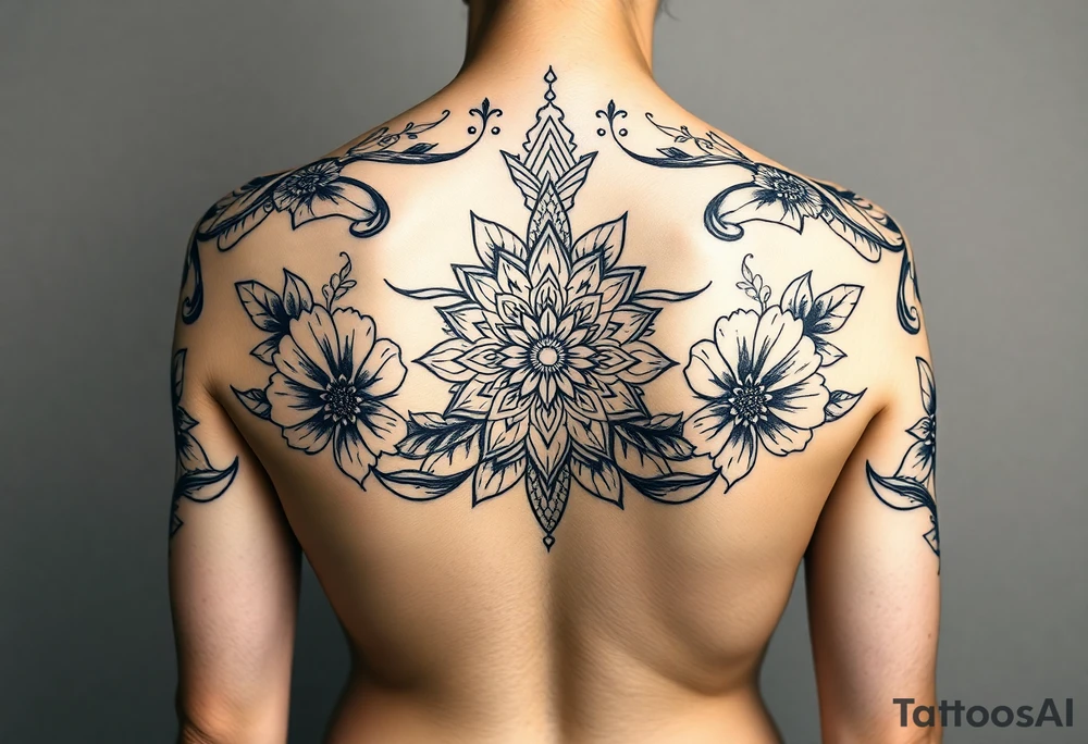 Feminine, full back tattoo, with matching florals on the shoulders, with an hourglass in the middle and Mendala lines curving up the back tattoo idea