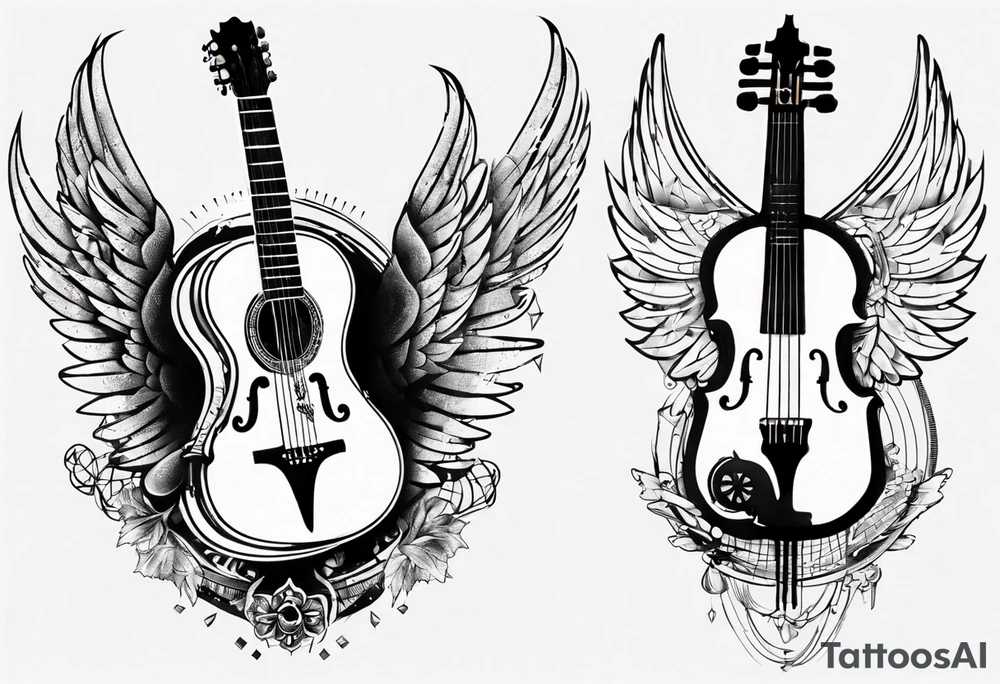 CROSSEED ACOUSTIC GUITAR AND VIOLIN WITH WINGS tattoo idea