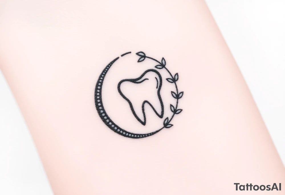 Tiny molar tooth outlined in black, framed by a crescent moon made of intertwining ivy leaves, soft stippled shading only at the crescent’s base.” tattoo idea