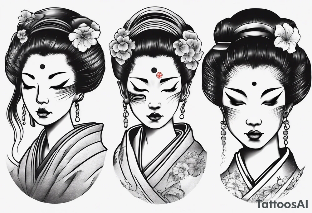 geisha face with two eyes closed and third realistic eye looking at you tattoo idea