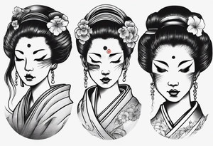 geisha face with two eyes closed and third realistic eye looking at you tattoo idea