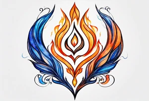 Twin flame symbol with blue and orange fire. Intricate lining and watercolor paint for the fire. Make it a small tattoo. tattoo idea