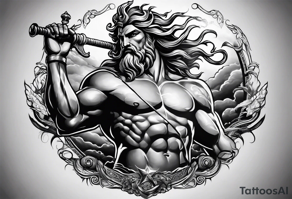 Elbow to wrist tattoo, with most of it being the god Poseidon. I want it to be very detailed. I would like it to flow from the tattoo above which has clouds as a background tattoo idea