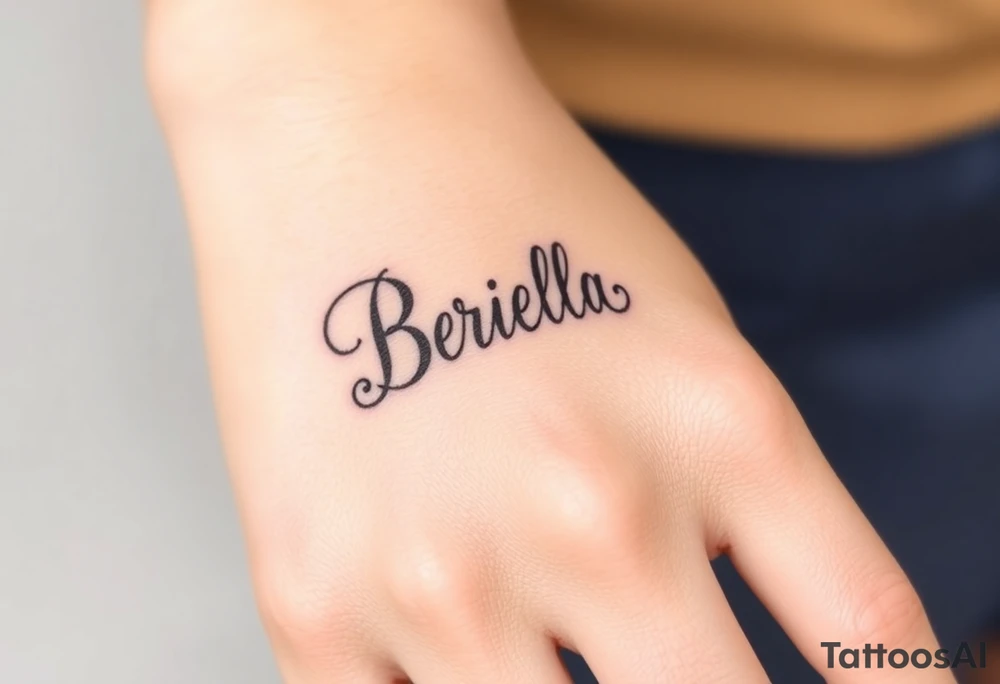 "Briella" in gangster style on hand along thumb tattoo idea
