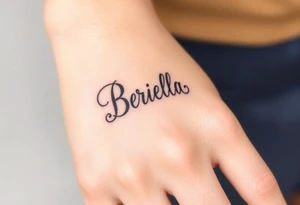 "Briella" in gangster style on hand along thumb tattoo idea