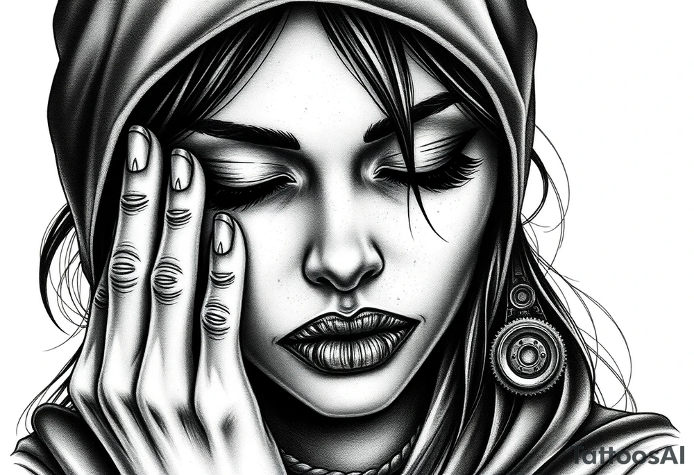Black and grey realism tattoo design of a beautiful woman's face. Both her eyes  closed  (see no evil), her lips are stiched shit like sown with needle and thread like nightmare befire christmas (speak no evil). With her right hand covering her right ear and the left covering  Her left ear The style is black and grey realism, hyper-realistic, dark, and evil. Incorporate ninja gear elements and mechanical details (gears) subtly into the background or clothing for a gear ninja evil look. Design for a full forearm sleeve placement tattoo idea