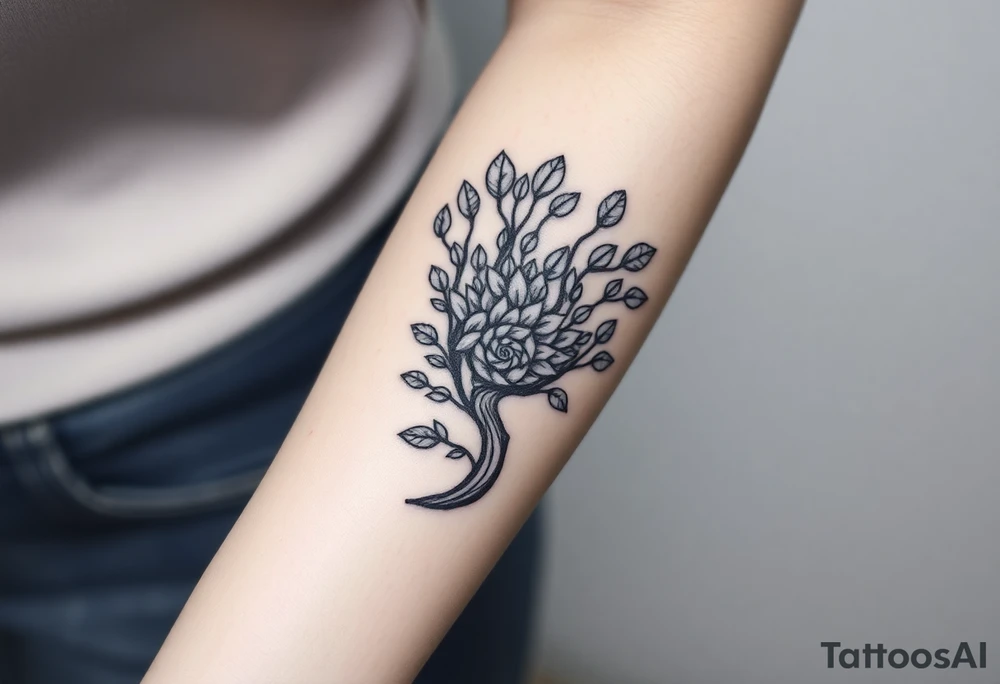 Fibonacci spiral shell inside of tree full of lots of leaves tattoo idea