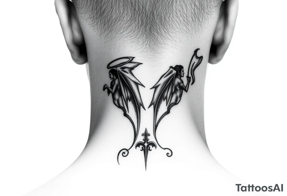 position behind the neck Angel (on the right) whispering in the right ear, demon (on the left) whispering in the left ear. It must be as realistic as possible. tattoo idea