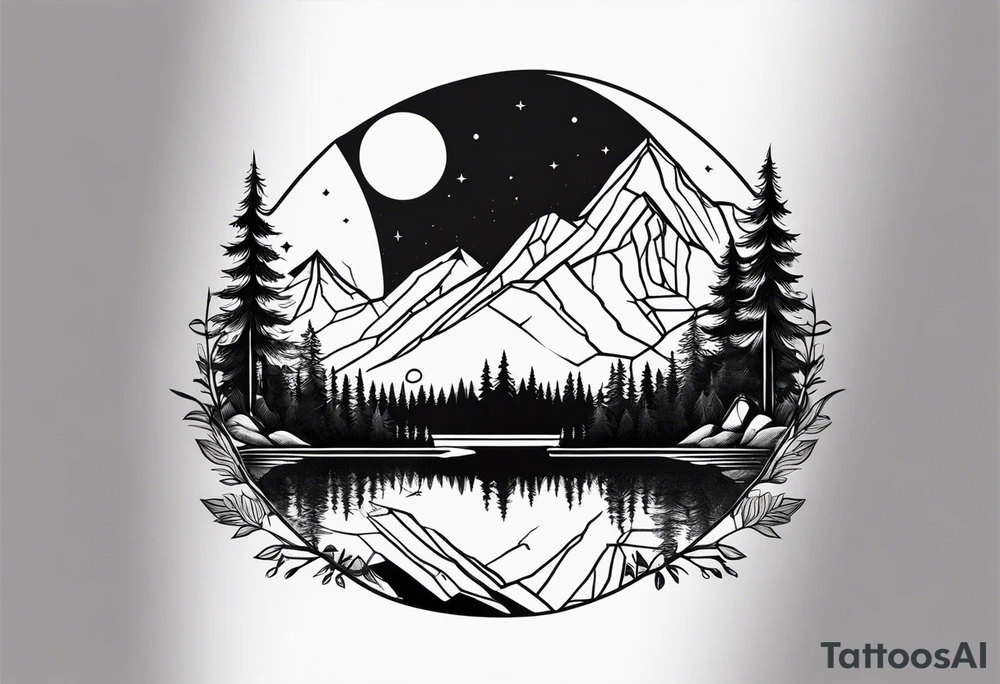 Geometric nature tattoo with moutains, lake, forest, birds and a moon. Should fit on all the forearm. tattoo idea