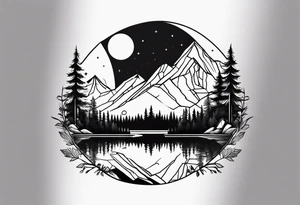Geometric nature tattoo with moutains, lake, forest, birds and a moon. Should fit on all the forearm. tattoo idea